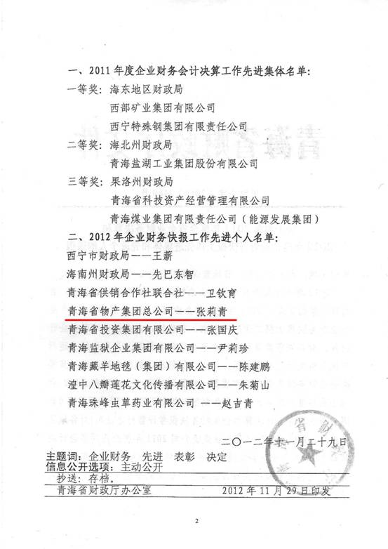 物產(chǎn)集團(tuán)榮獲2011年度財(cái)務(wù)決算先進(jìn)單位、2012年度財(cái)務(wù)快報(bào)工作先進(jìn)個(gè)人表彰